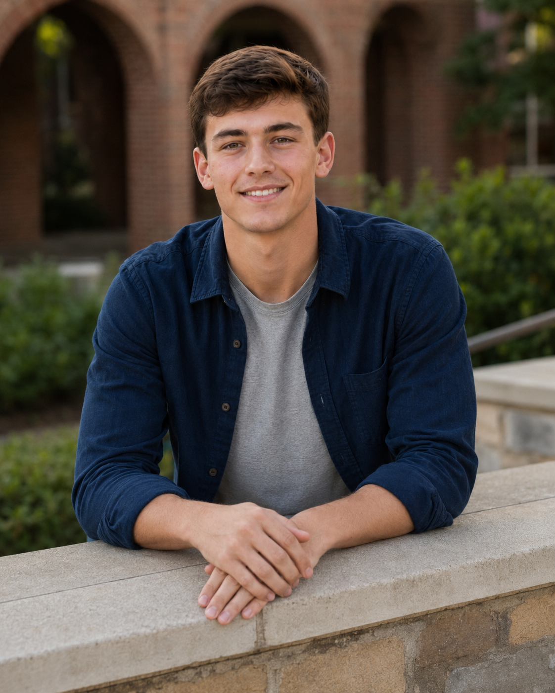 Smiling young man in navy shirt leaning on stone ledge at brick building.