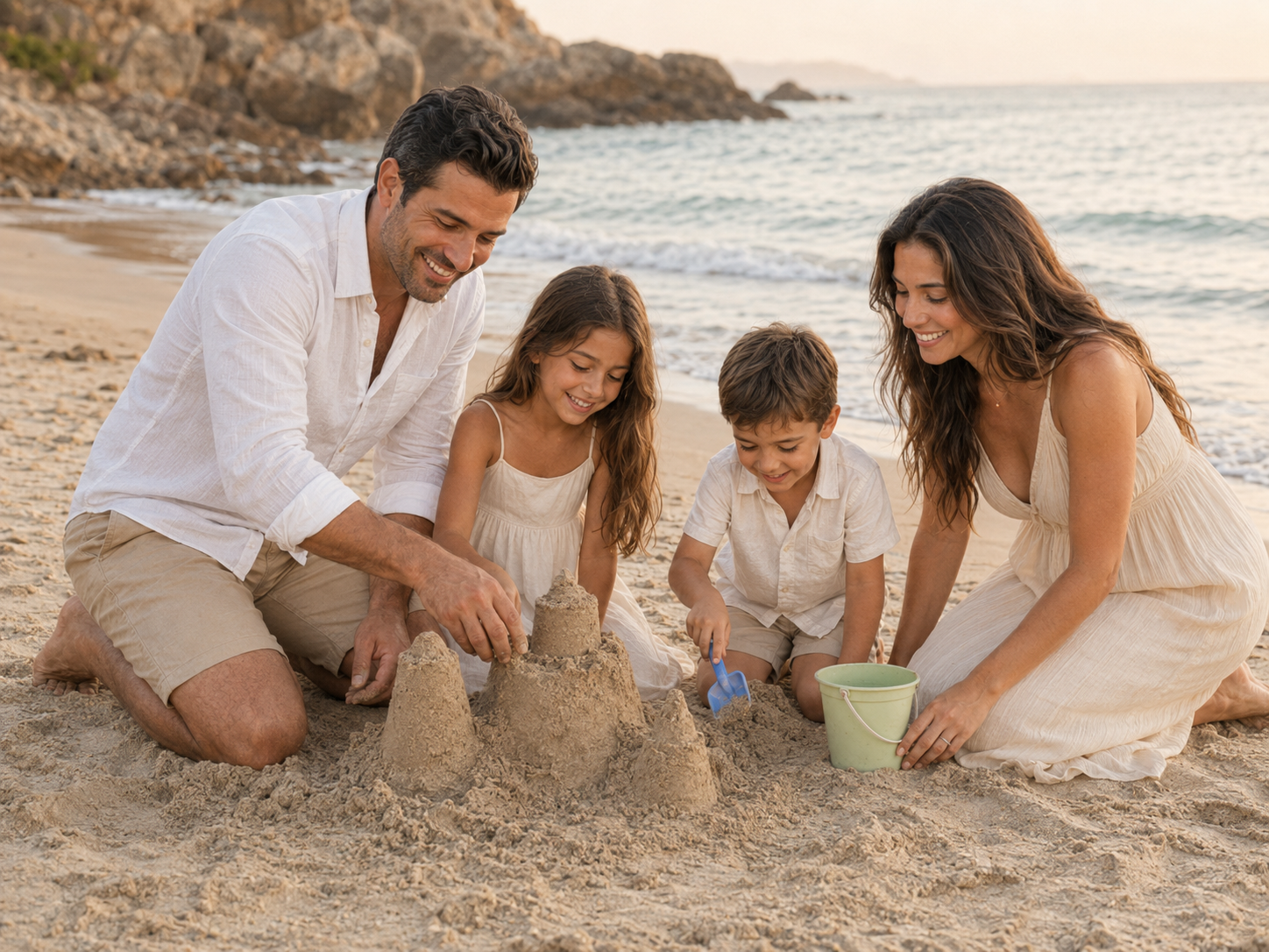 Family of four building a sandcastle together on a beach, smiling and enjoying a sunny day.