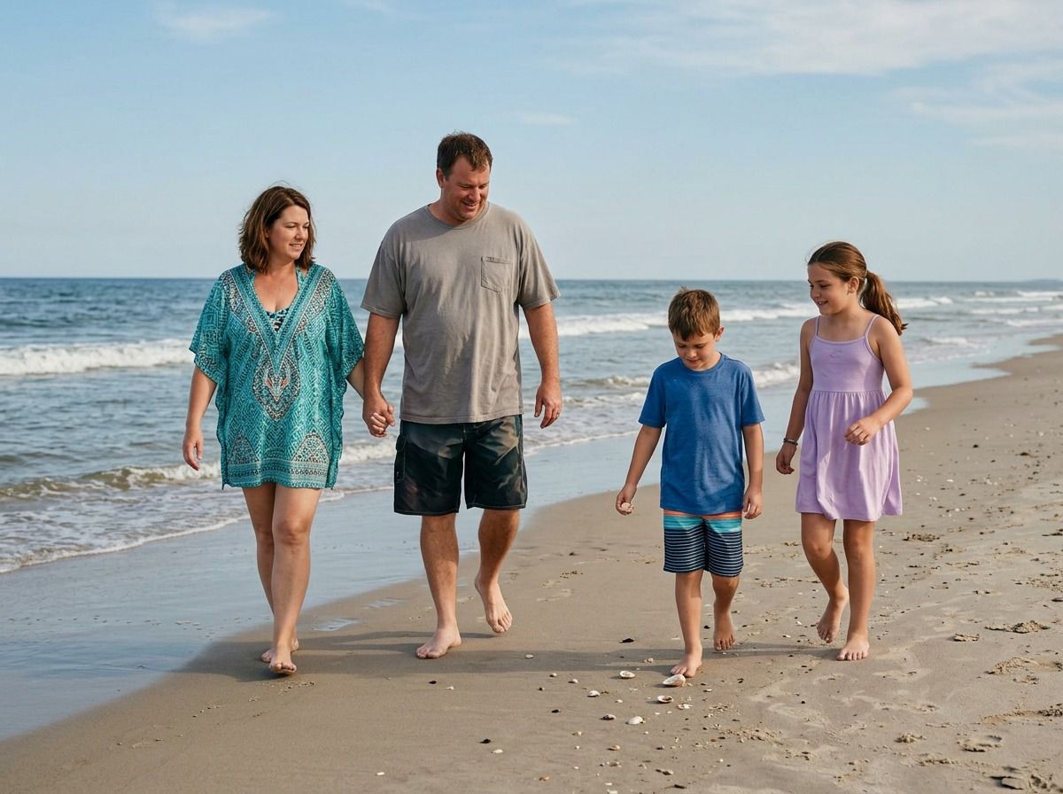 Family of four walking along sandy beach shoreline on a sunny day near ocean waves.