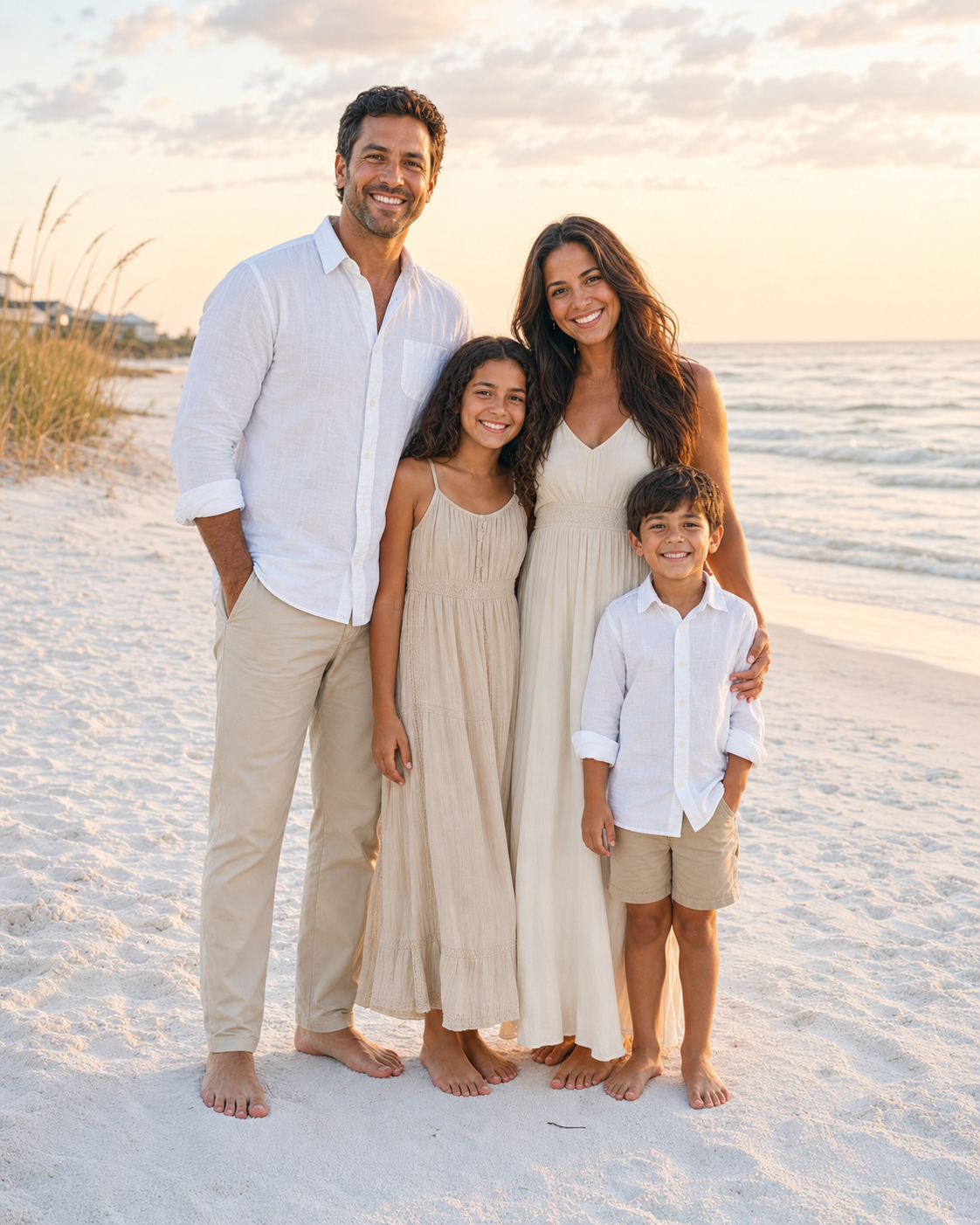 Family of four posing barefoot on sandy beach at sunset wearing neutral beige and white outfits.