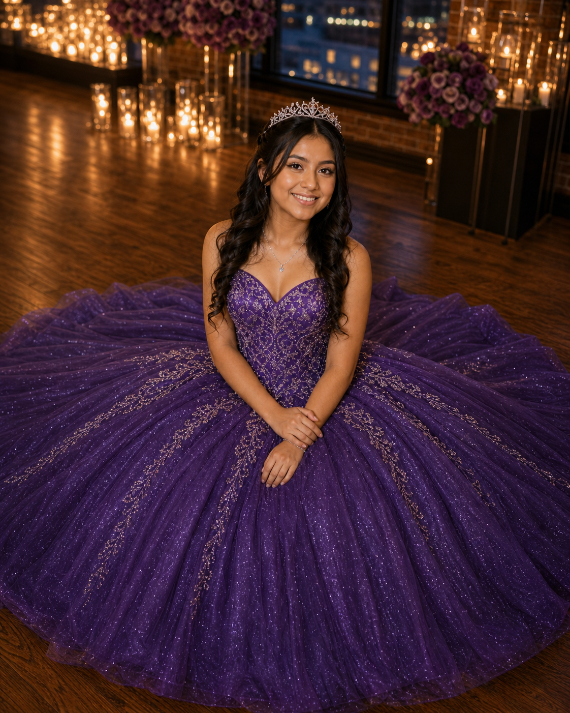 Young woman in sparkling purple quinceañera ballgown with tiara, seated on dance floor surrounded by candles and flowers.