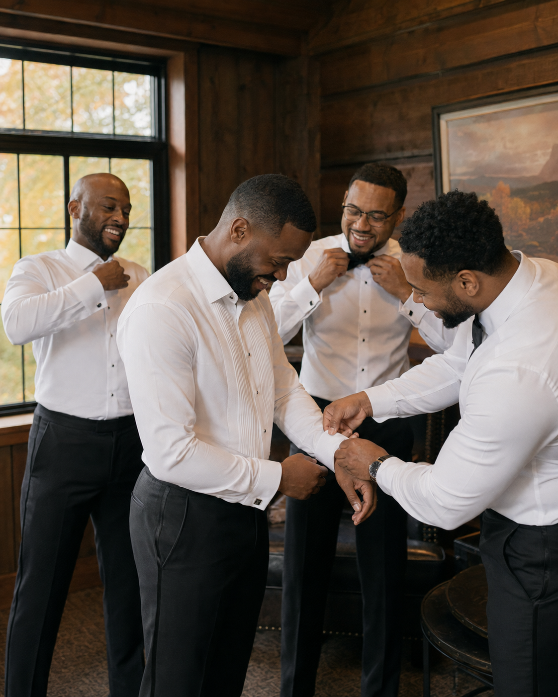 Four groomsmen in white dress shirts and black pants laugh while helping each other with bow ties and cufflinks before a wedding.