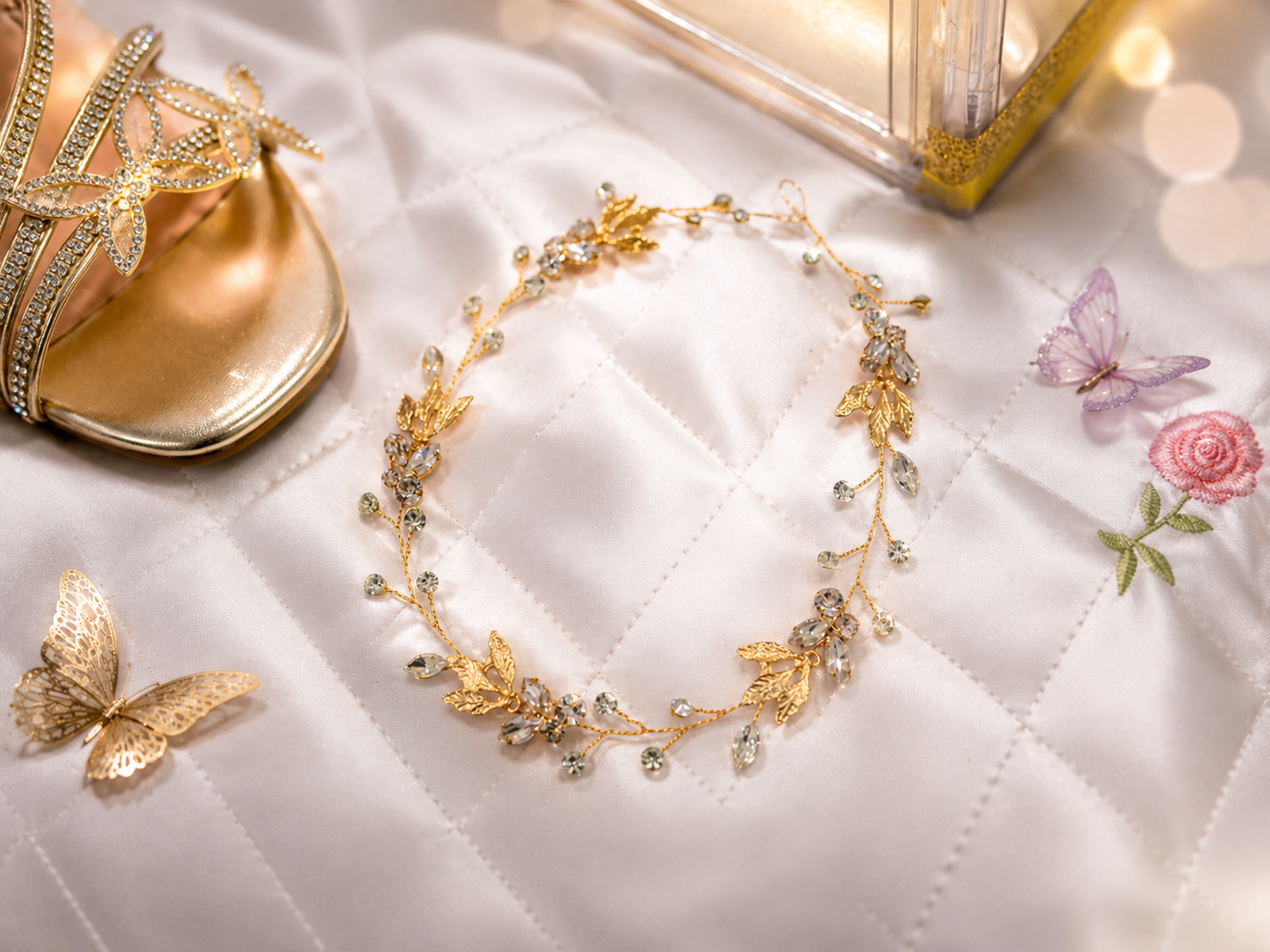 Gold floral crystal hair vine bridal headpiece displayed on white quilted fabric with golden shoes and butterfly accents.