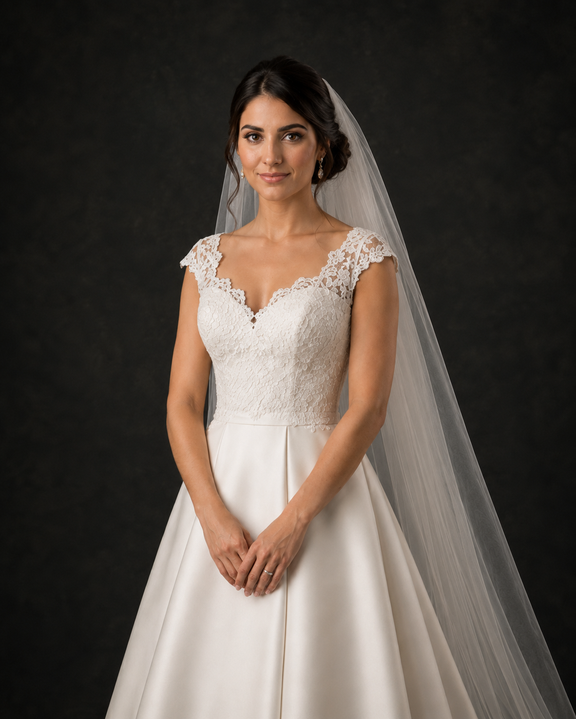 Close-up of bride in ivory lace cap sleeve wedding dress with V-neckline and long flowing cathedral veil.