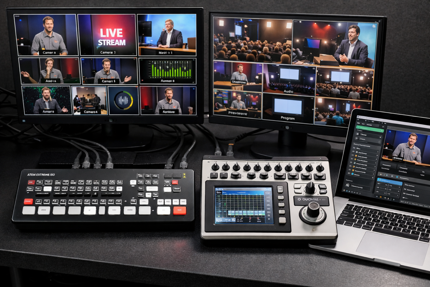Professional video production control room setup with multiple monitors, video switcher and audio mixing console.