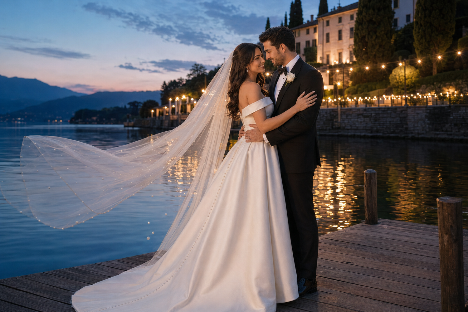 Bride and groom share romantic embrace on lakeside dock at dusk, wedding veil flowing, with illuminated villa backdrop.