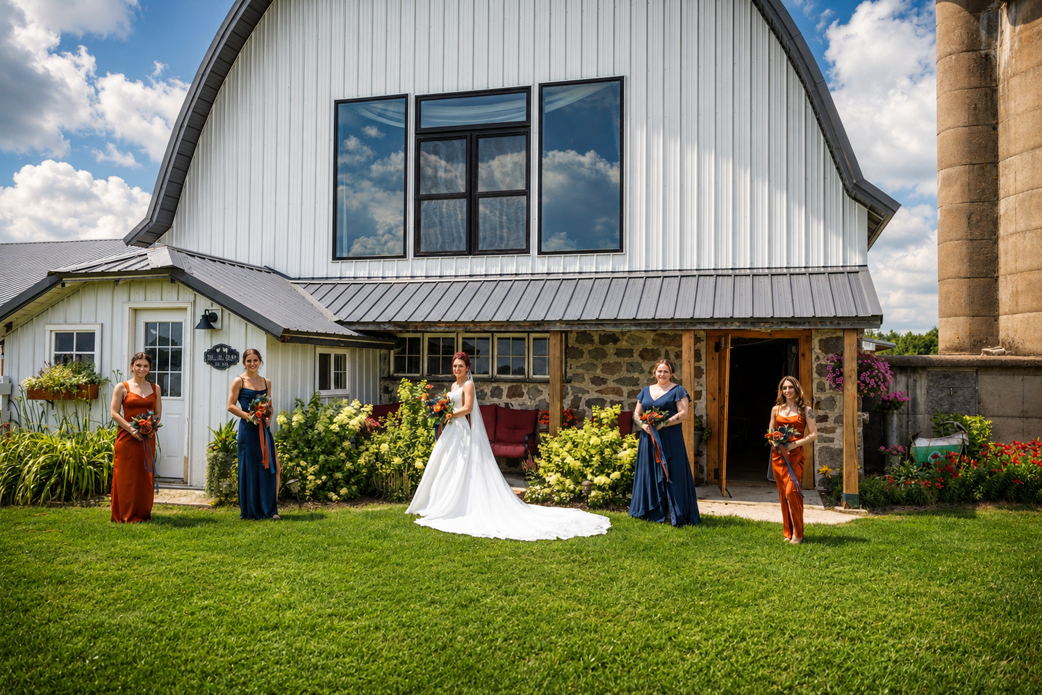 Bride in white gown poses with bridesmaids in navy and rust dresses on green lawn outside a white barn venue.