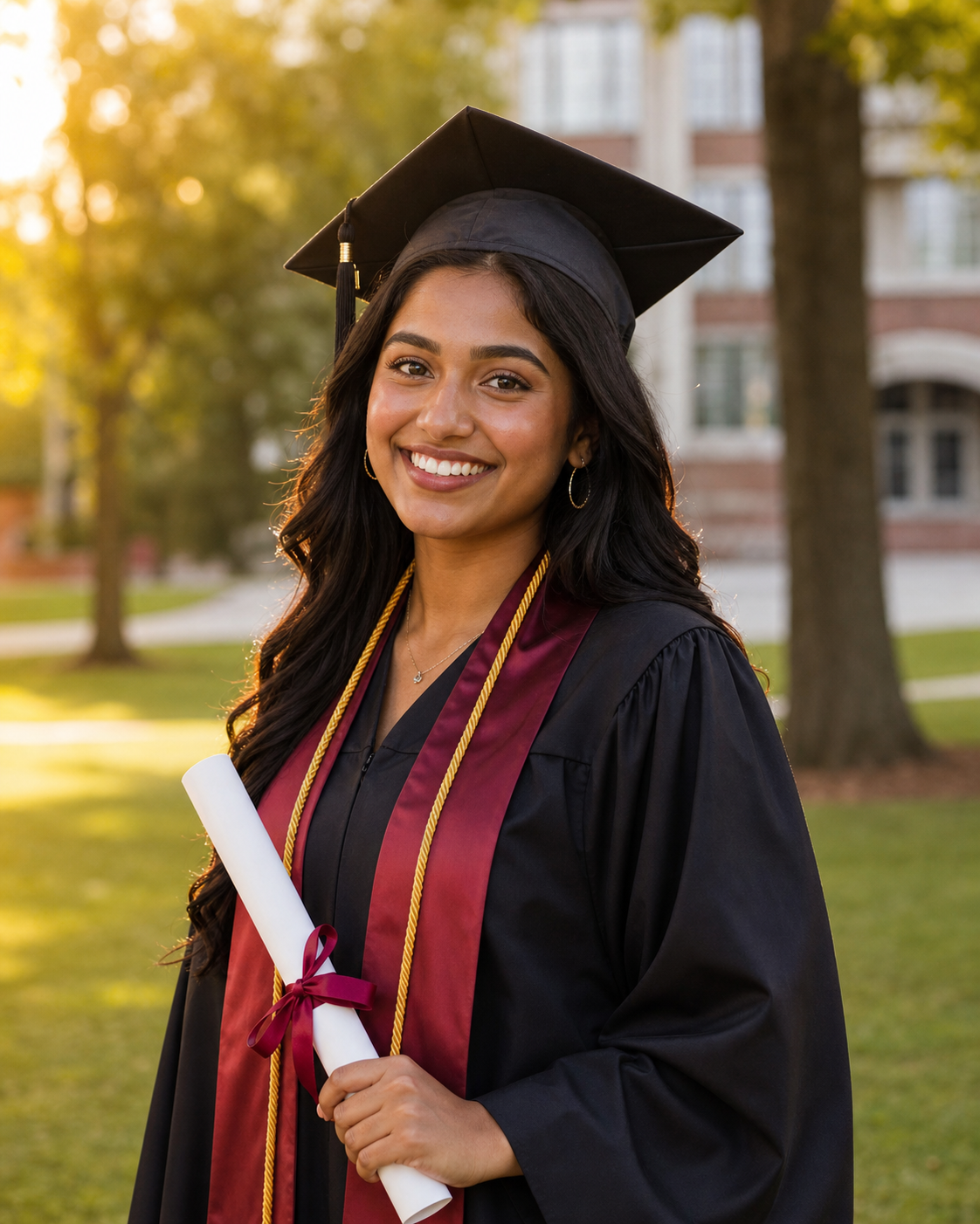 Smiling graduate in black cap and gown holding diploma outdoors on sunny campus.