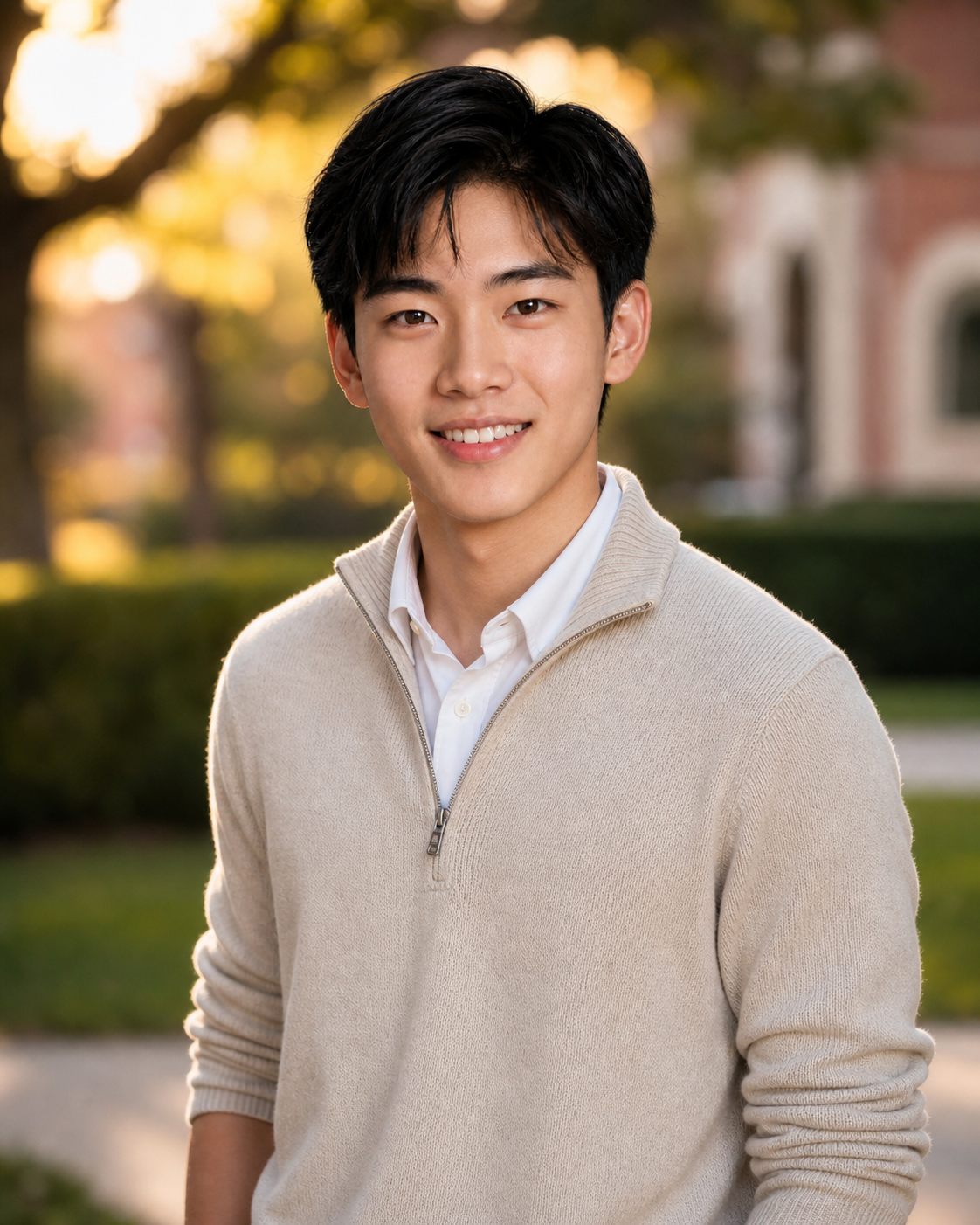 Young Asian man smiling outdoors in beige quarter-zip sweater, campus building background.