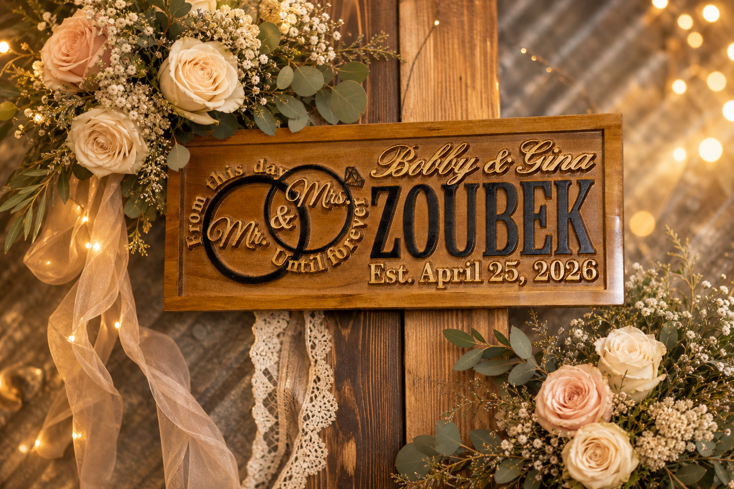 Wooden wedding sign for Bobby and Gina Zoubek, Est. April 25, 2026, decorated with blush roses and baby's breath.