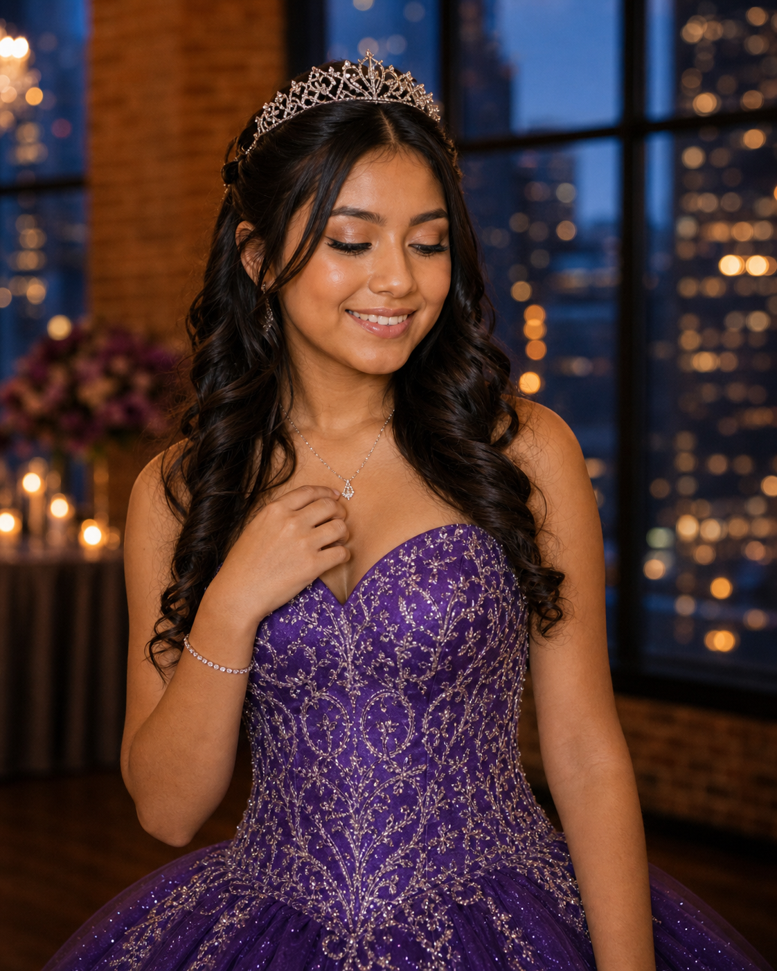 Young woman in purple glitter quinceañera ball gown with tiara smiles elegantly at candlelit city view venue.