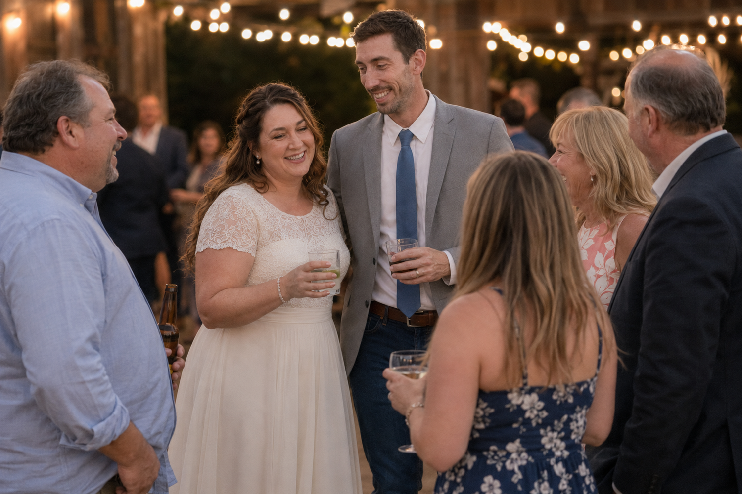 Bride and groom laughing with family guests at an outdoor wedding reception under string lights.