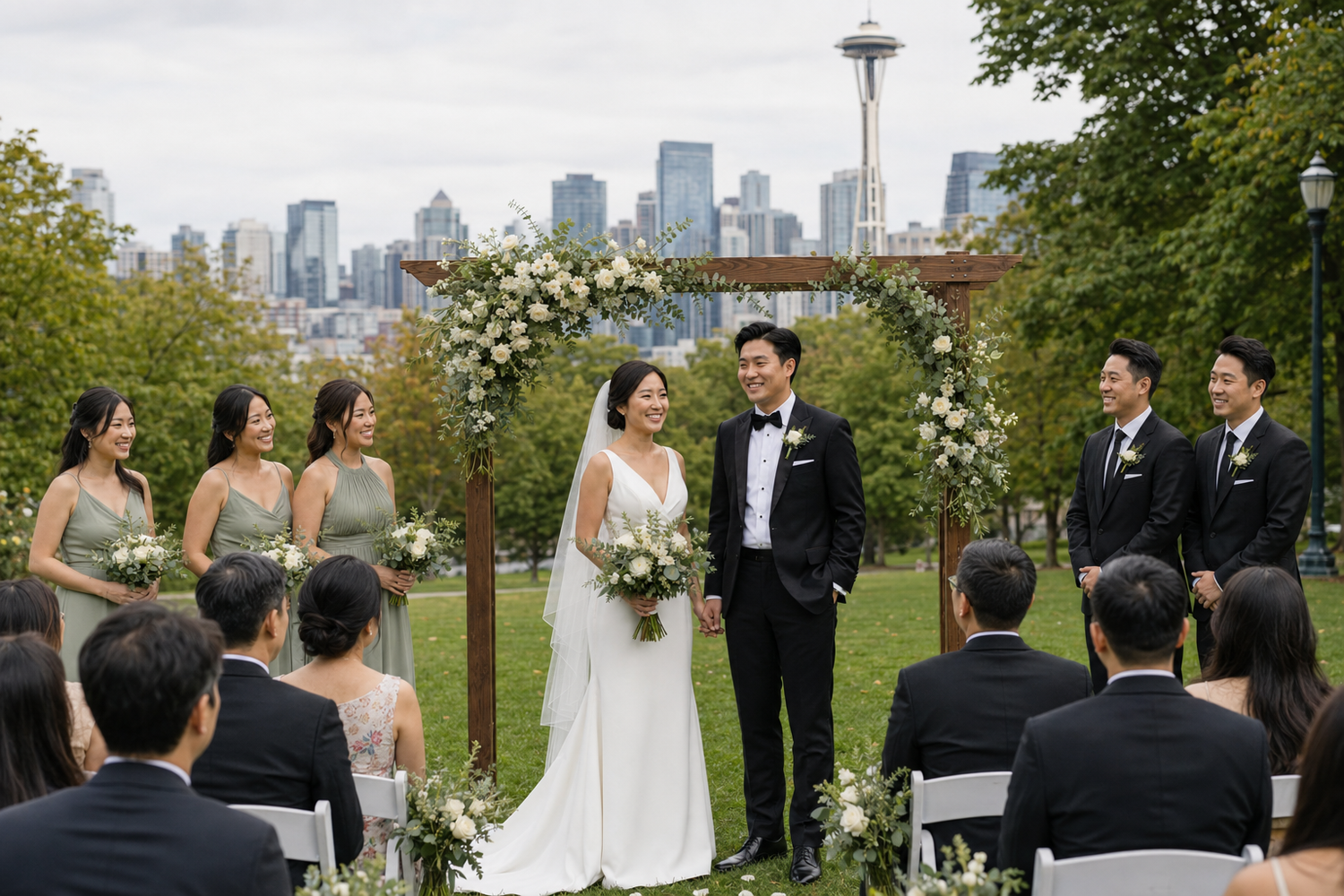Couple exchanges vows under floral arch at outdoor Seattle wedding ceremony with Space Needle skyline backdrop.