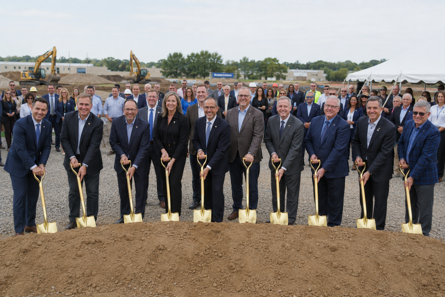Group of executives pose with golden shovels at an outdoor groundbreaking ceremony on a construction site.