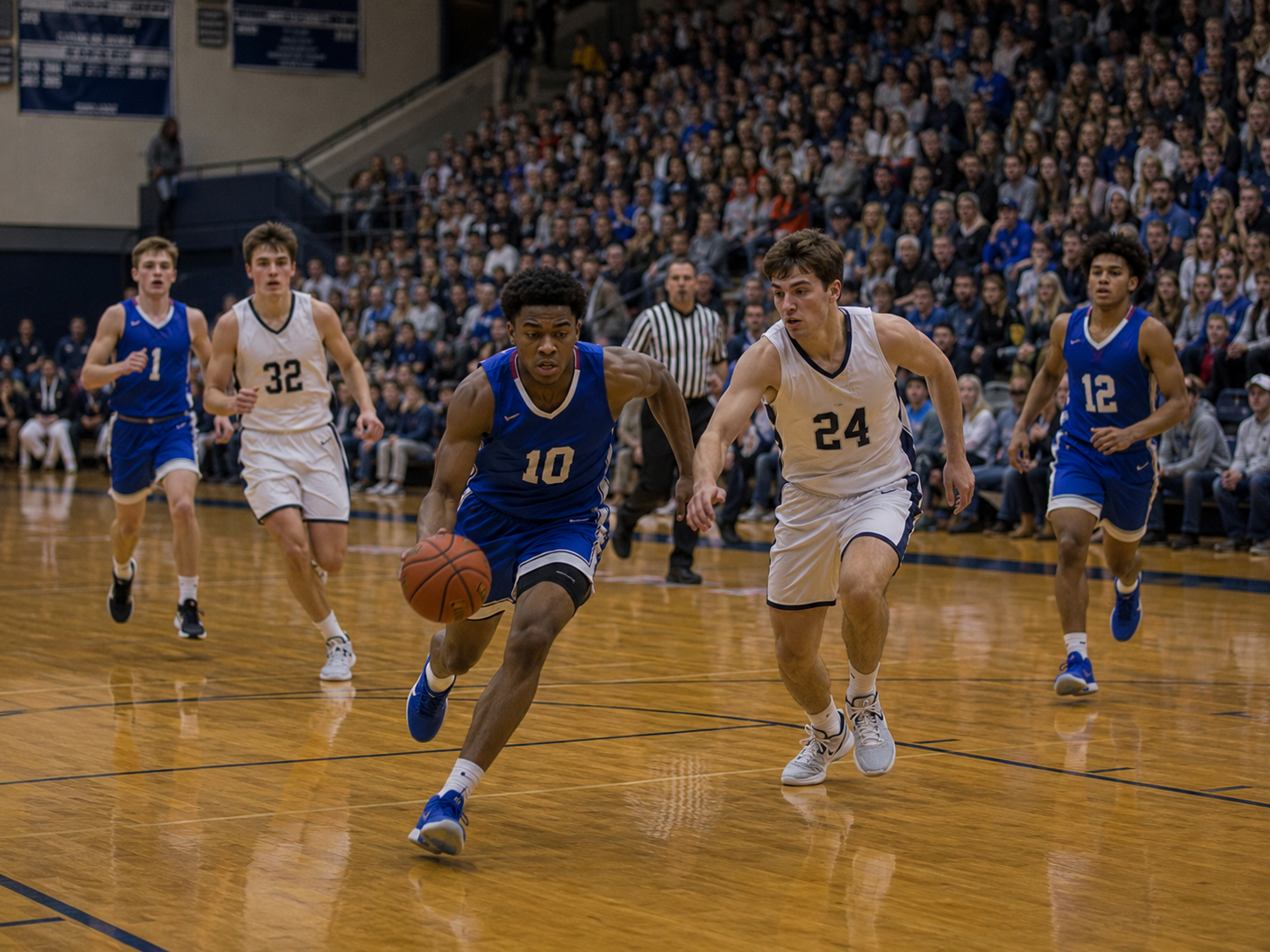 High school basketball player #10 in blue dribbles past defender #24 during an indoor gym game.