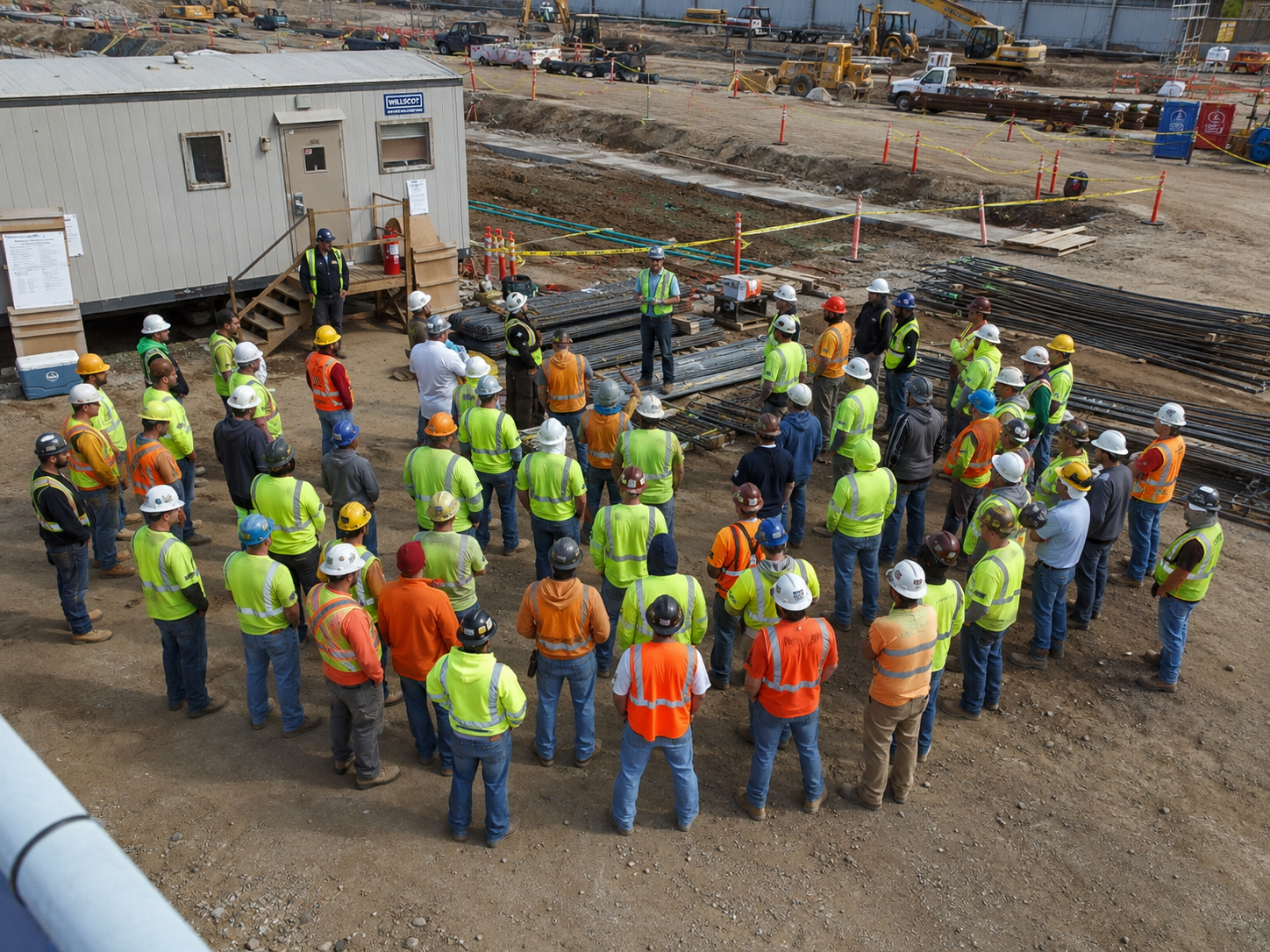 Aerial view of construction workers in safety vests and hard hats gathered in a circle for a site safety meeting.