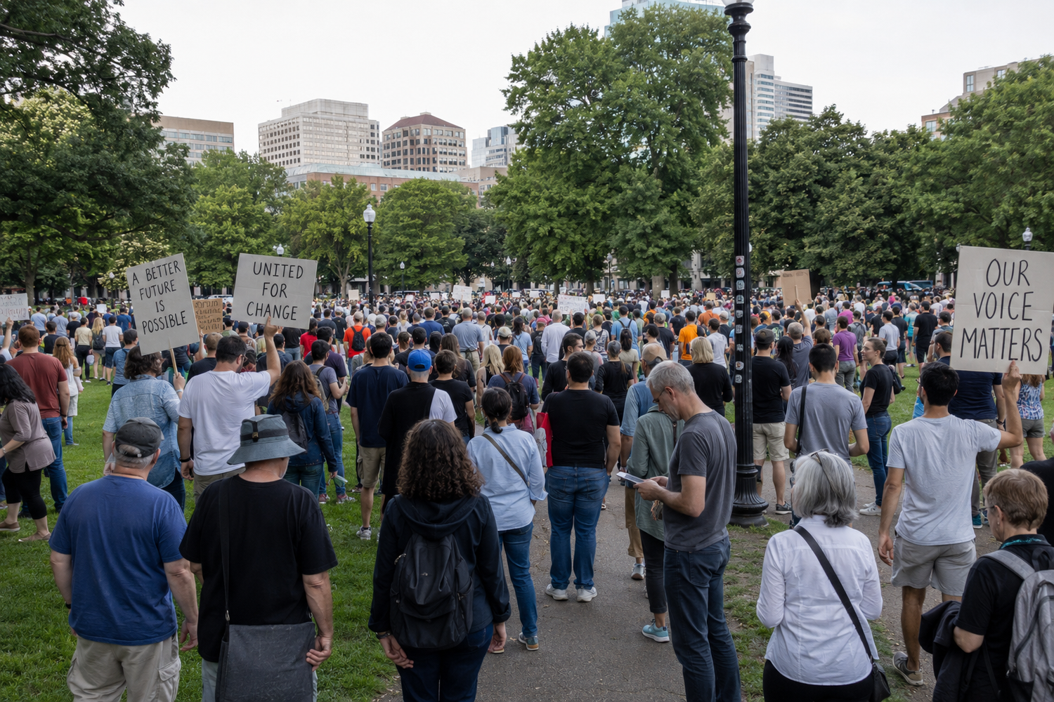 Large protest crowd holds signs reading Our Voice Matters and United for Change in city park.