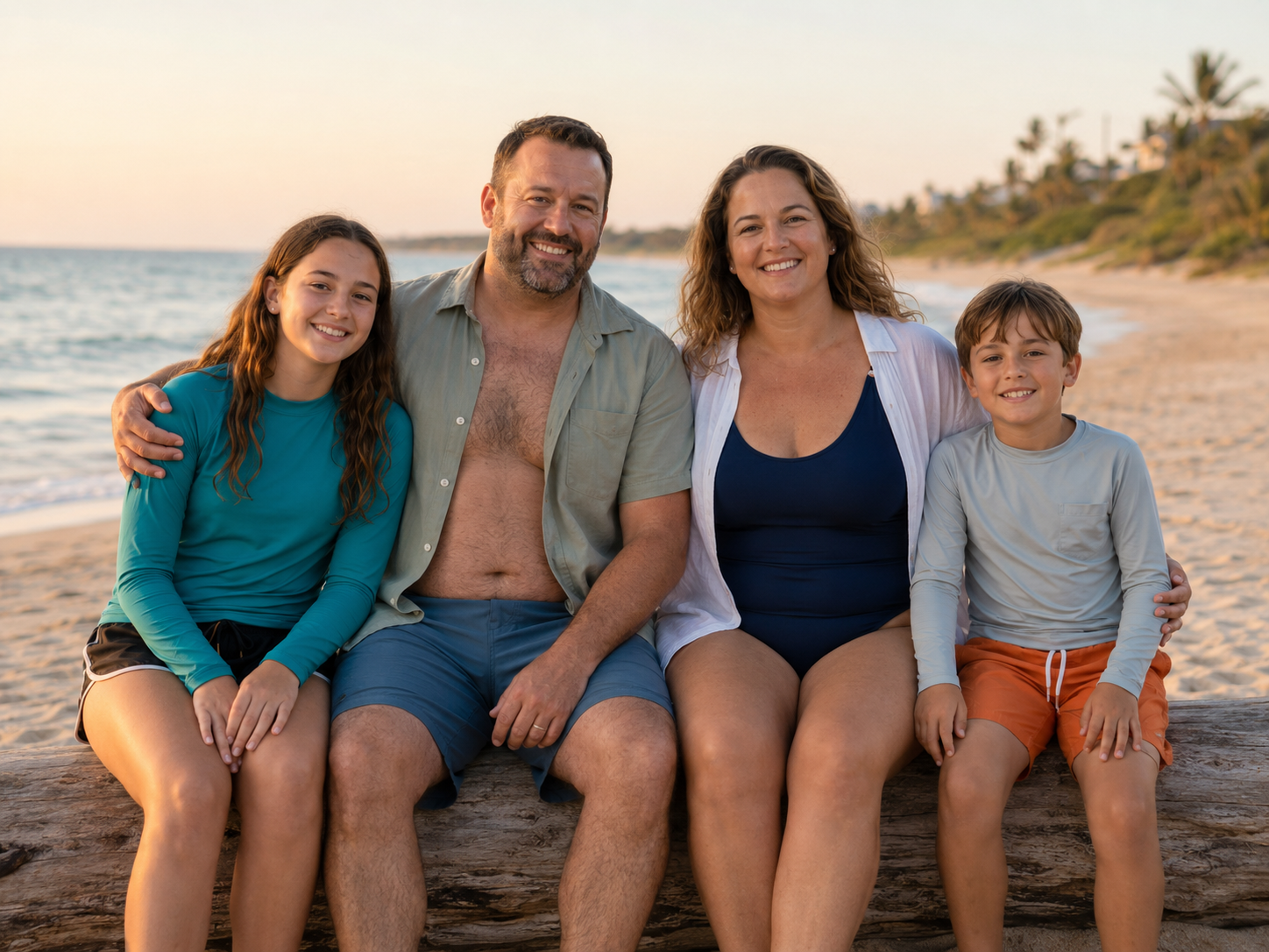 Family of four smiling together on a sandy beach at sunset, wearing swimwear and casual summer clothing.