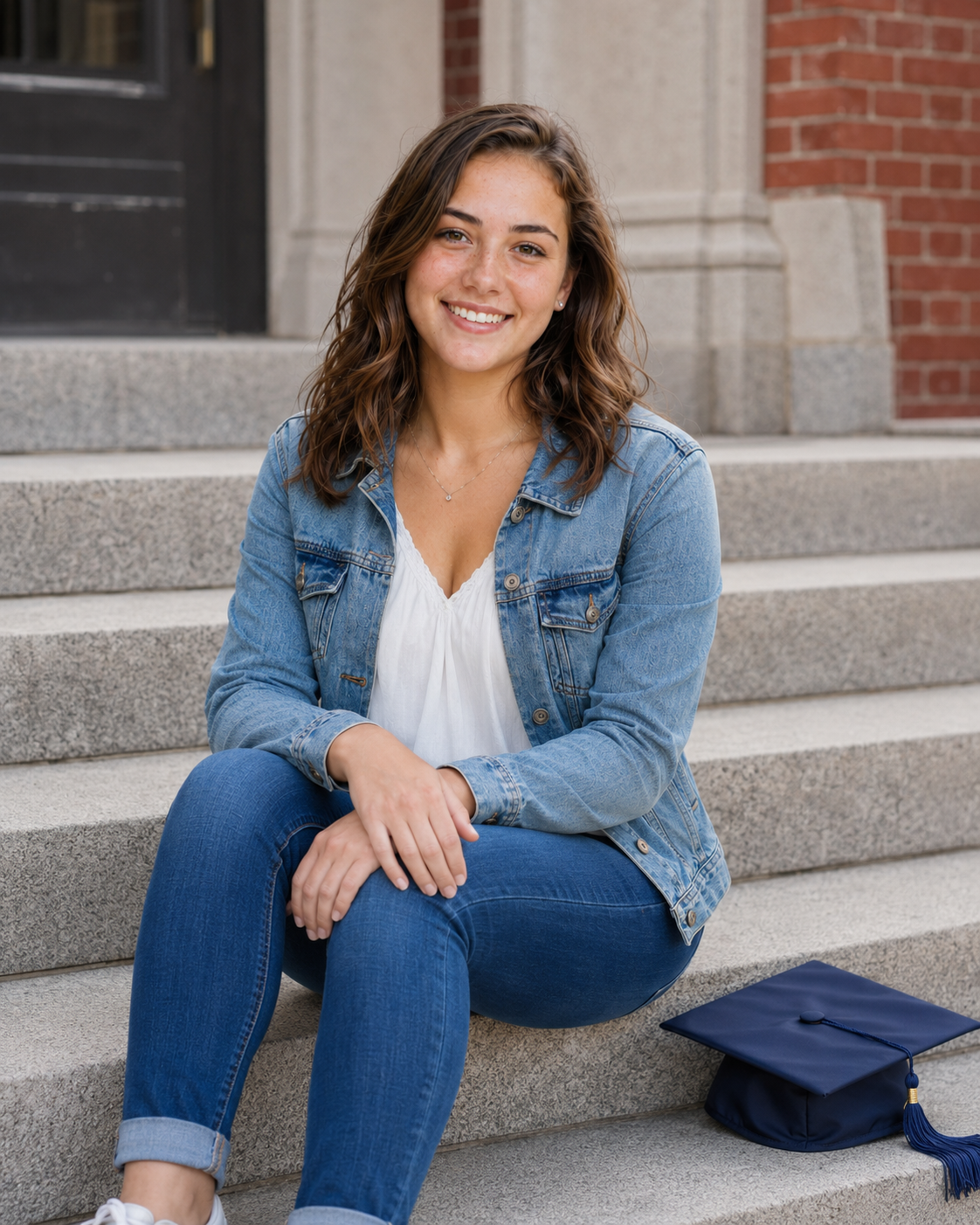 Smiling graduate in denim jacket sitting on university steps with cap beside her.