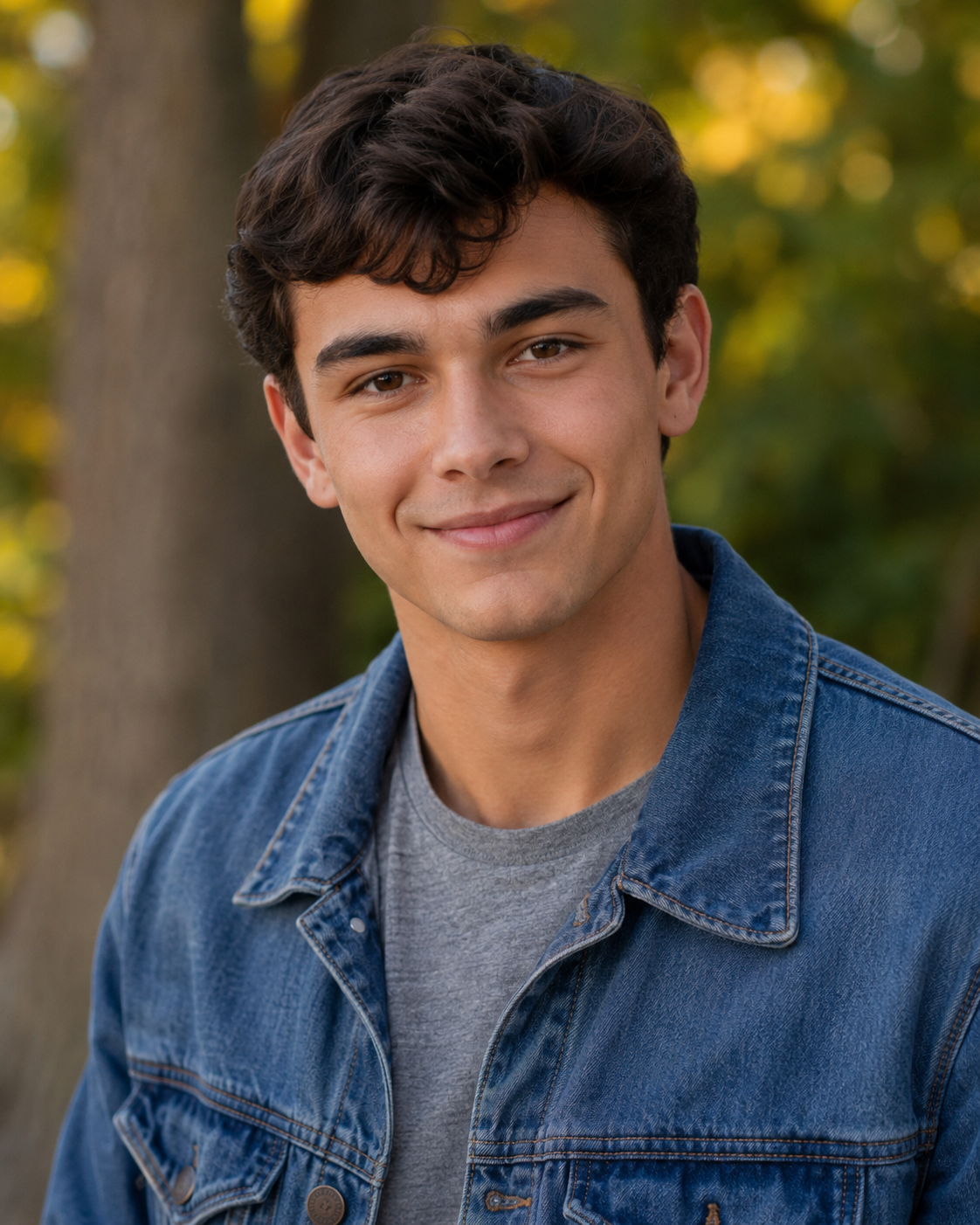 Smiling young man in denim jacket and gray shirt posing outdoors with autumn trees behind him.