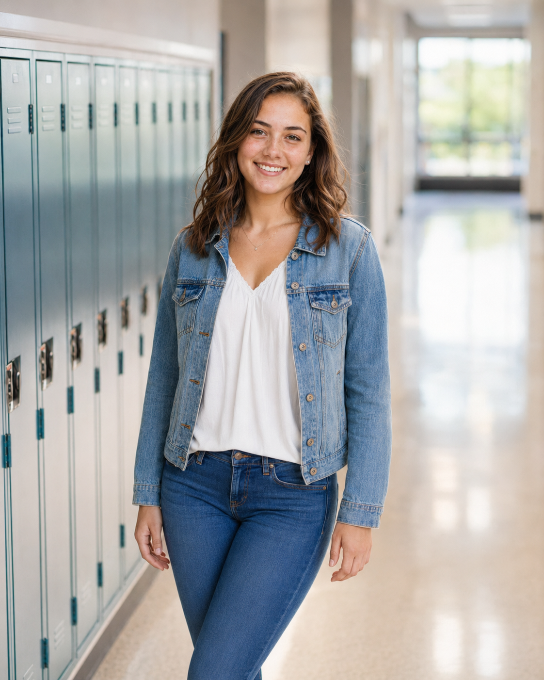 Smiling young woman in denim jacket and jeans leaning against school lockers in a bright hallway.