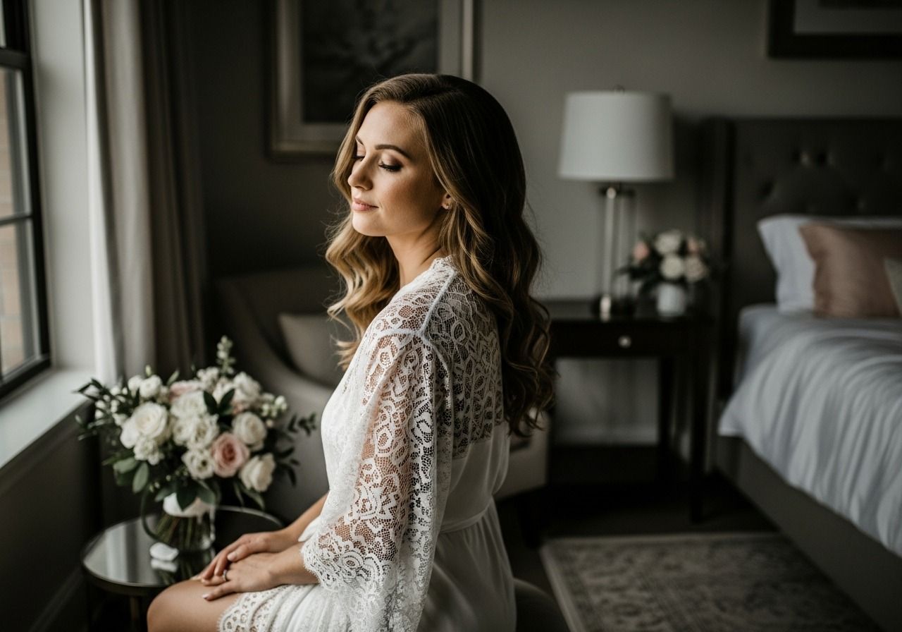 Bride in white lace robe sits by window with floral bouquet in elegant bedroom setting.