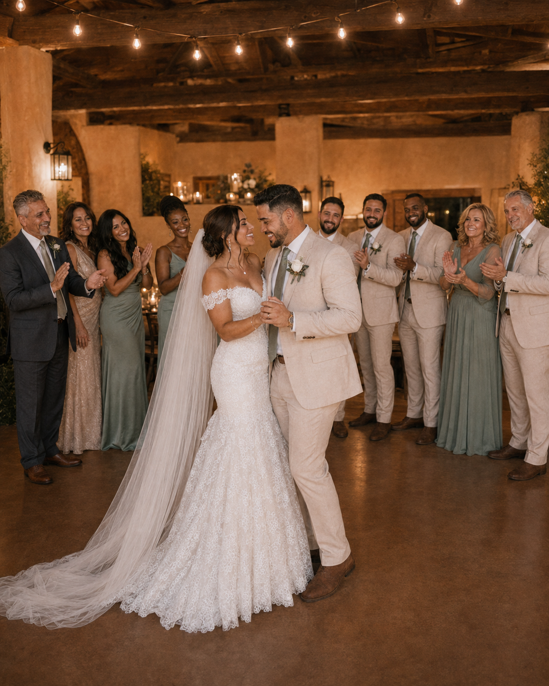 Bride and groom share first dance in rustic venue surrounded by wedding party in sage green and tan attire.