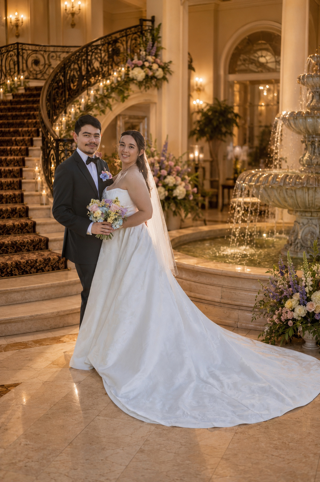 Elegant bride and groom posing by a grand fountain and ornate staircase in a luxurious wedding venue.