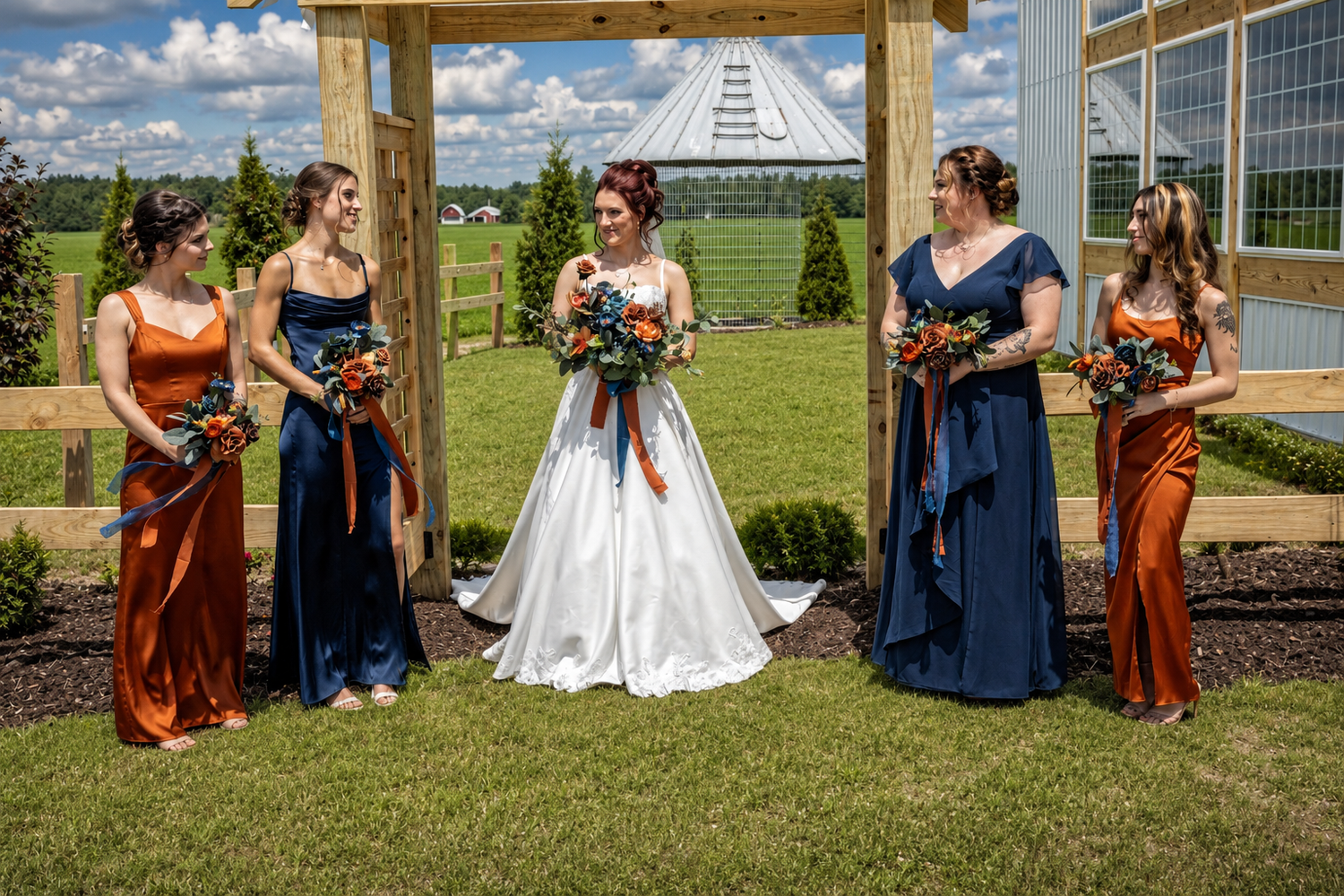 Bride in white gown with bridesmaids in orange and navy dresses holding colorful bouquets outdoors at a wedding venue.