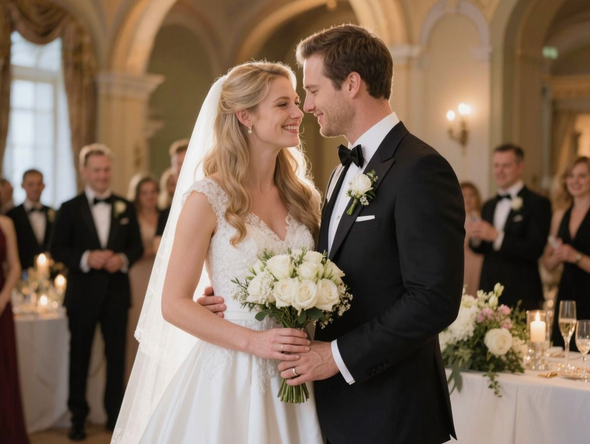 A bride and groom share a romantic moment at their elegant wedding reception, surrounded by guests in formal attire.