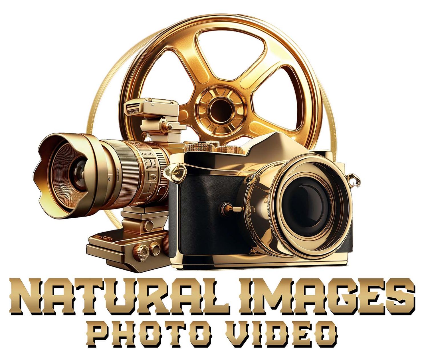 Collection of vintage gold film camera equipment and text reading Natural Images Photo Video arranged in a row.
