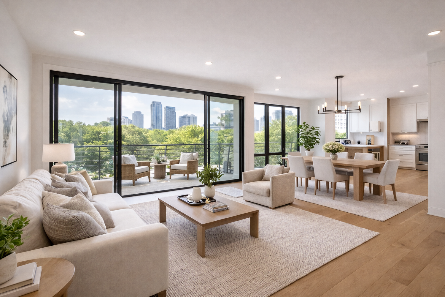 Modern open concept living room features floor-to-ceiling windows, light hardwood floors and minimalist furnishings.