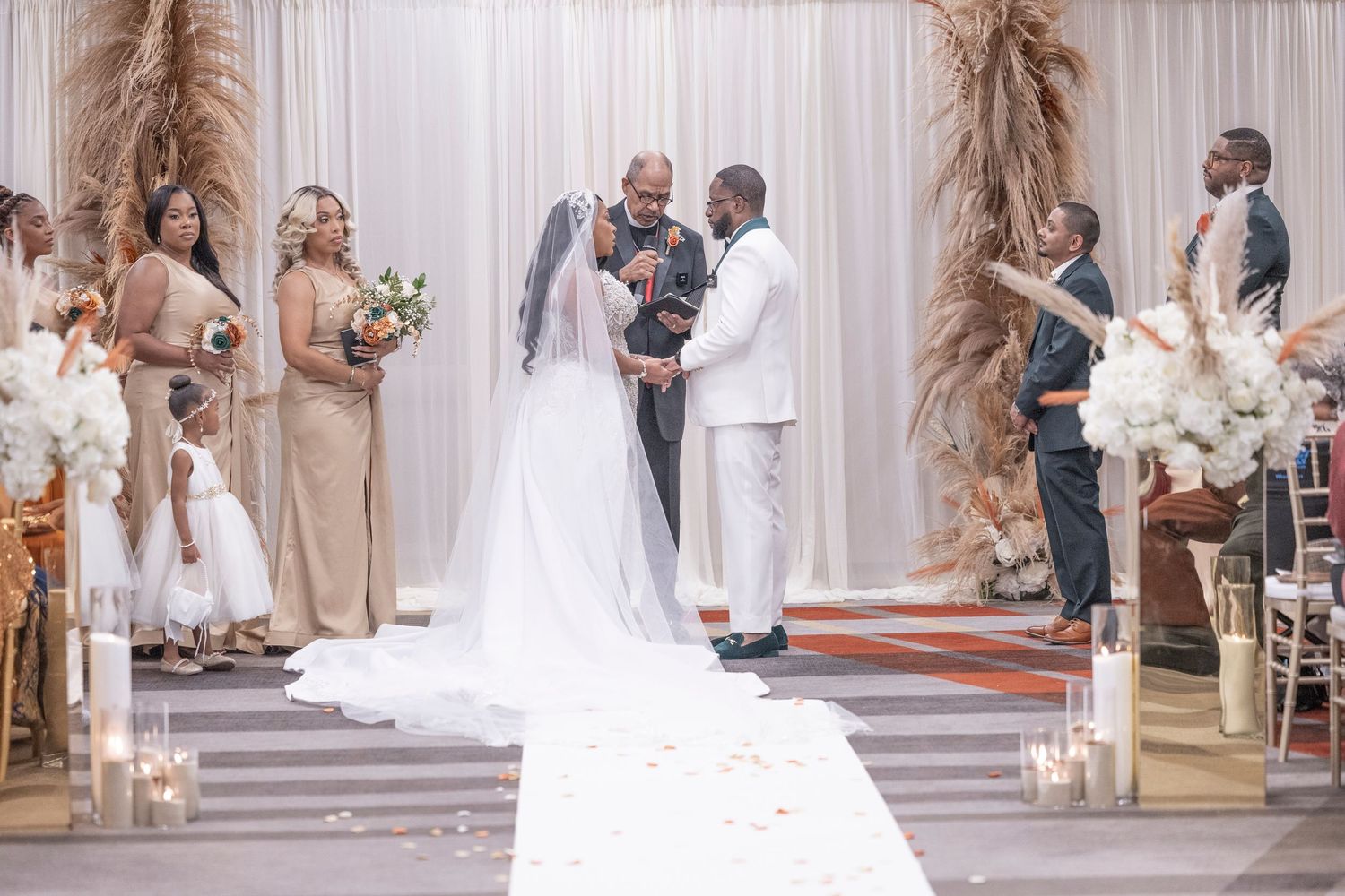A sequence of wedding ceremony moments showing the bride and groom exchanging vows and celebrating with their wedding party.