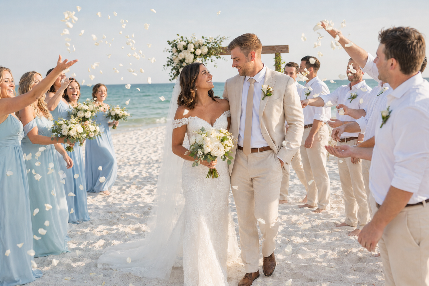 Bride and groom walk through petal toss on beach, flanked by bridesmaids in blue and groomsmen in tan suits.