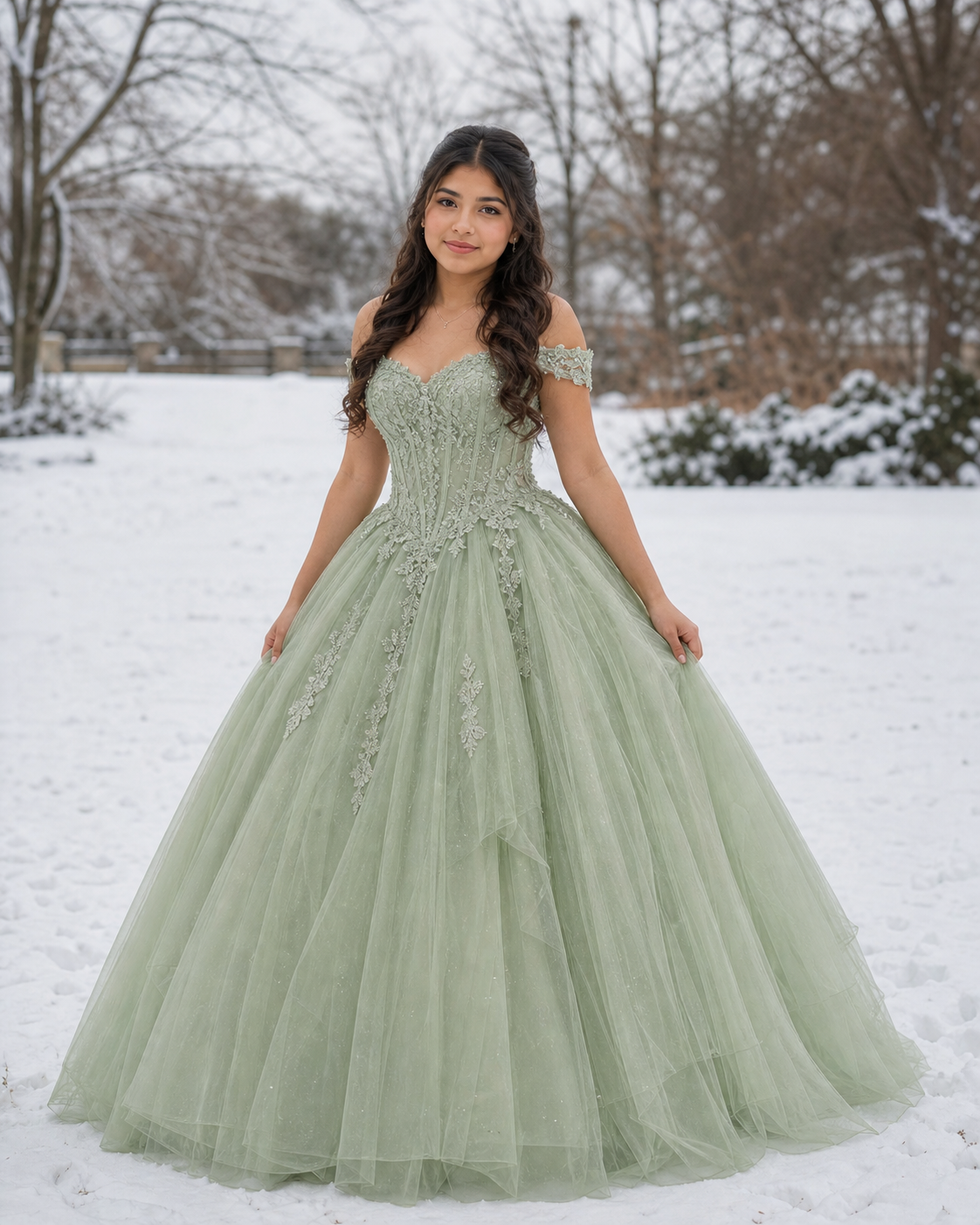 Young woman in sage green off-shoulder ball gown with lace appliques poses outdoors in a snowy winter setting.