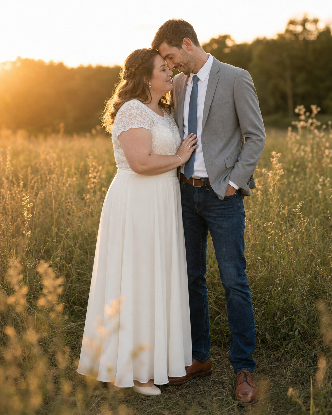 Couple in wedding attire embracing in golden field at sunset, bride in white dress, groom in gray blazer.