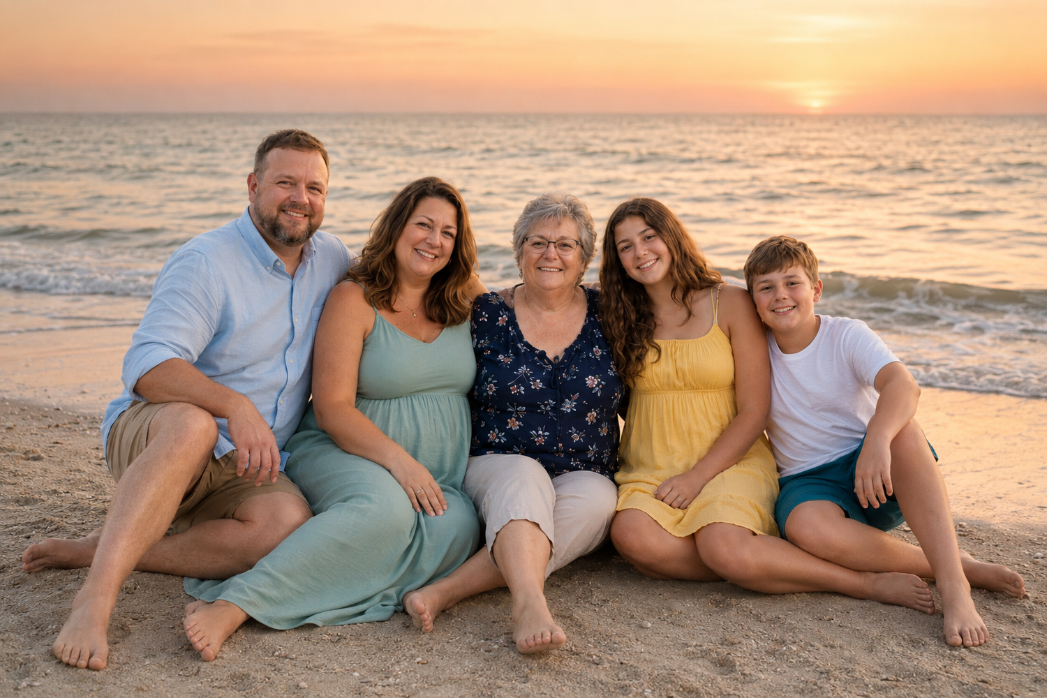 Happy family of five posing together on sandy beach during golden sunset over the ocean.