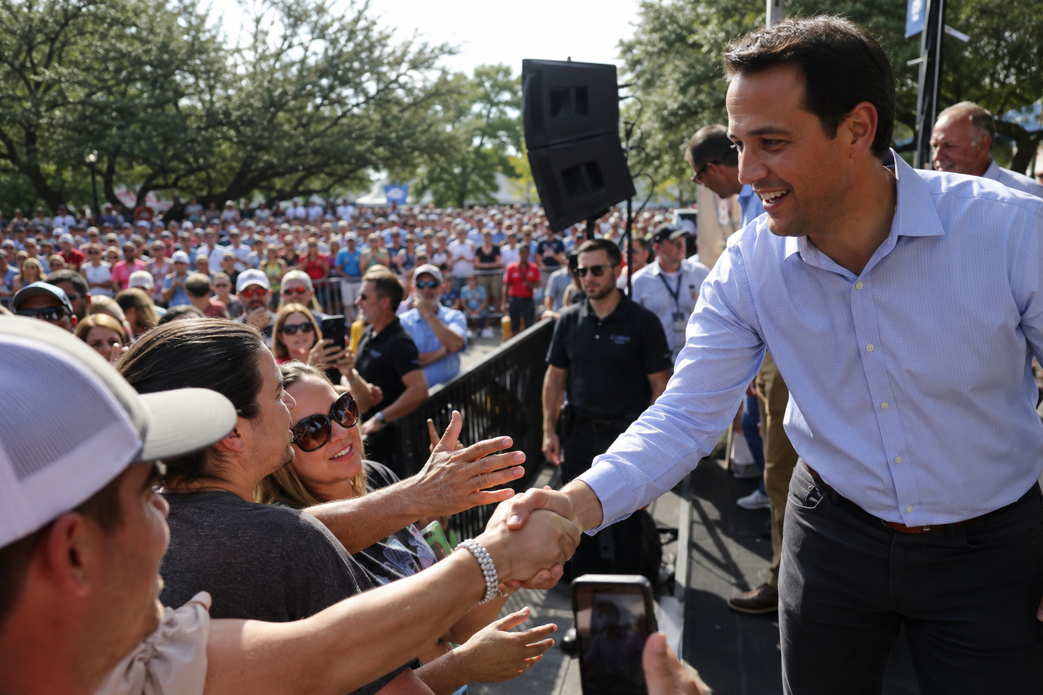Politician shaking hands with supporters at a large outdoor campaign rally on a sunny day.