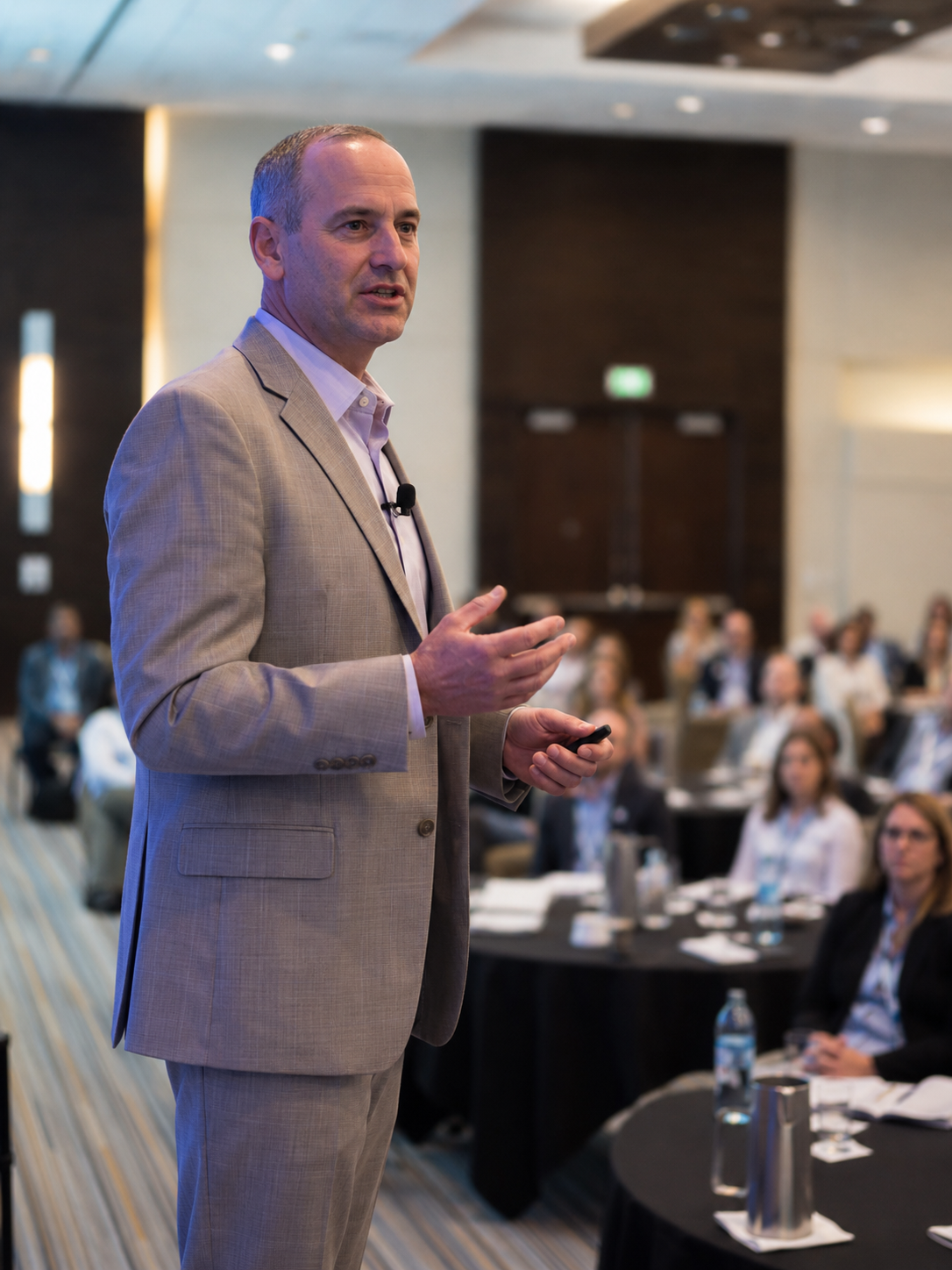 A professional speaker in a beige suit presents confidently to a seated audience in a modern conference room.