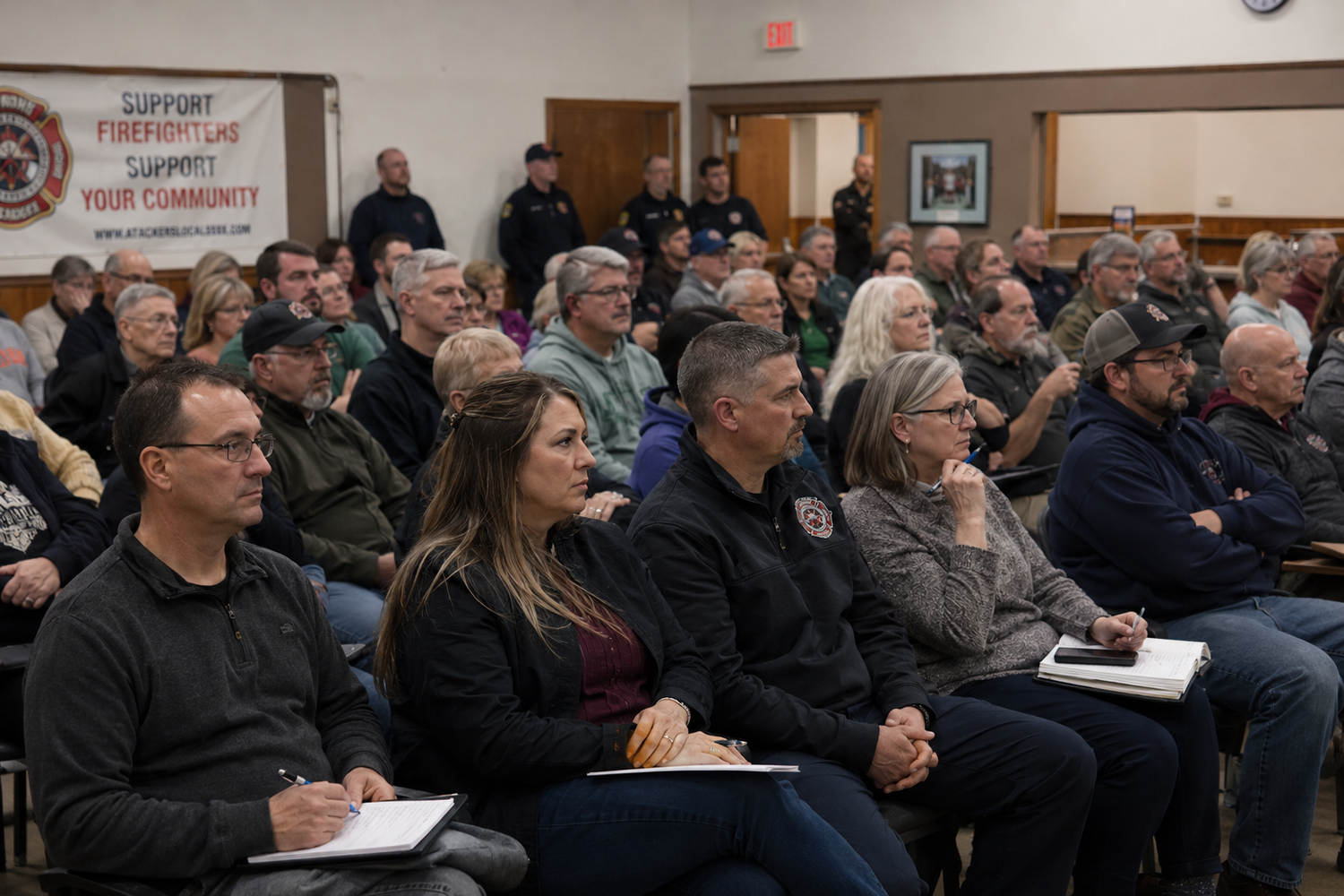 Community members fill seats at a local town hall meeting inside a fire station meeting room.