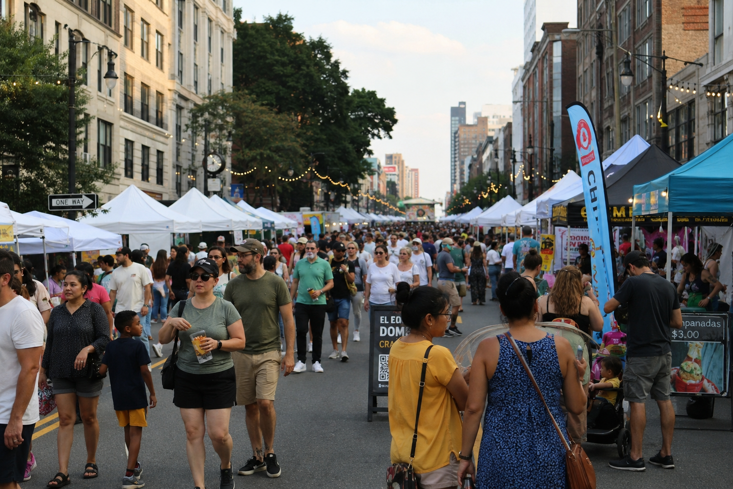 Crowds of people walk through a busy outdoor street festival lined with white vendor tents in an urban city setting.