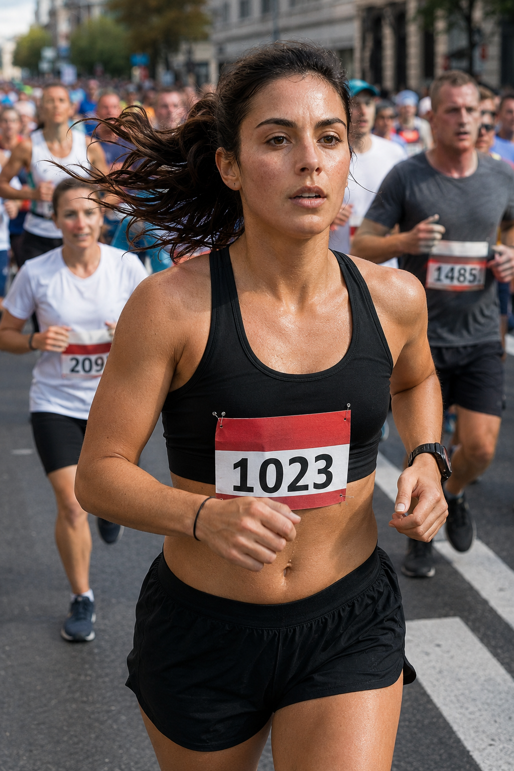 Female marathon runner wearing bib number 1023 races through city streets in black athletic wear among other competitors.