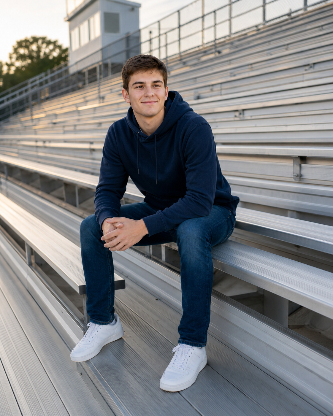 Teen boy in navy hoodie sitting on outdoor bleachers smiling in golden hour light.