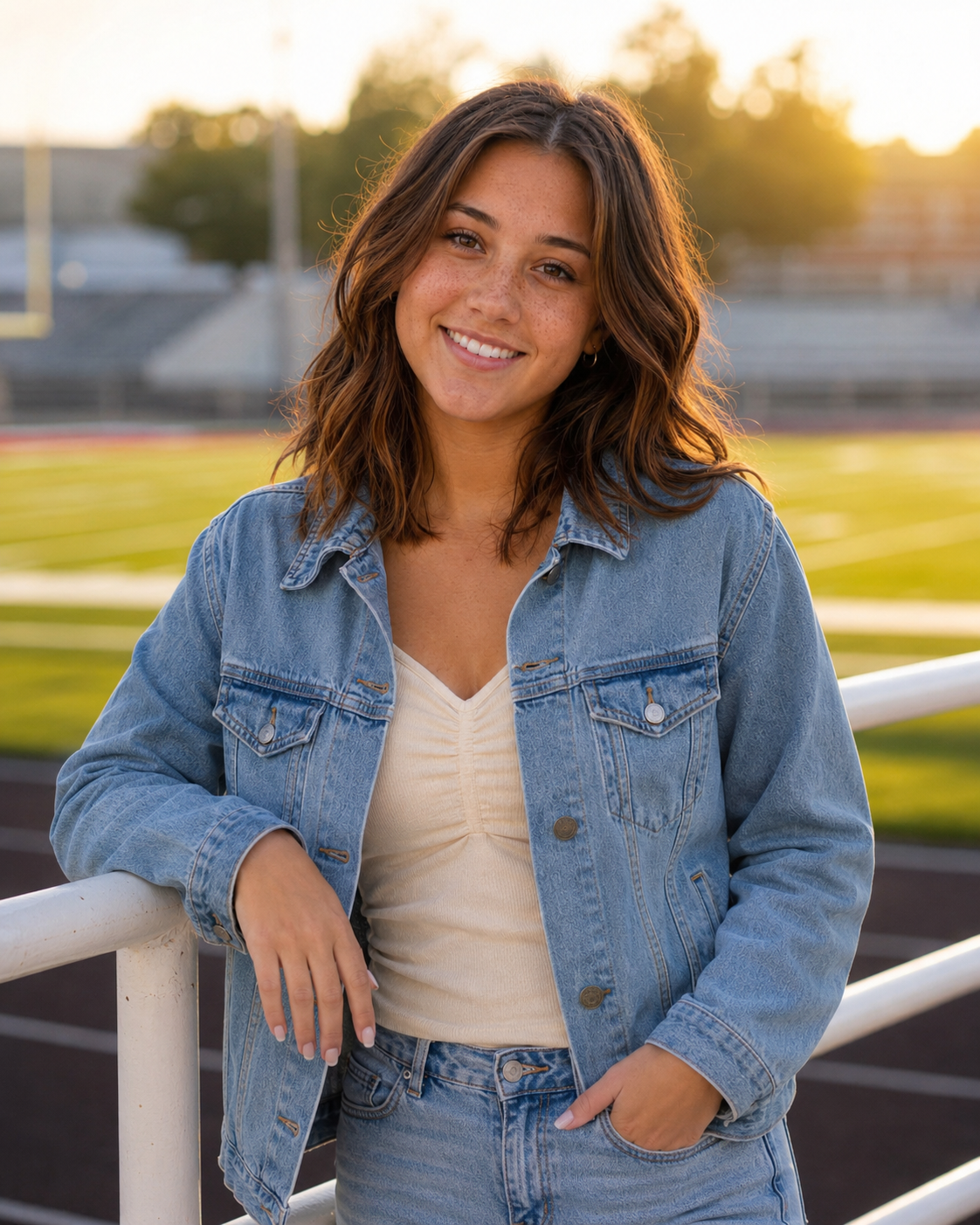 Smiling young woman in denim jacket and jeans leaning on railing at a high school track at golden hour.