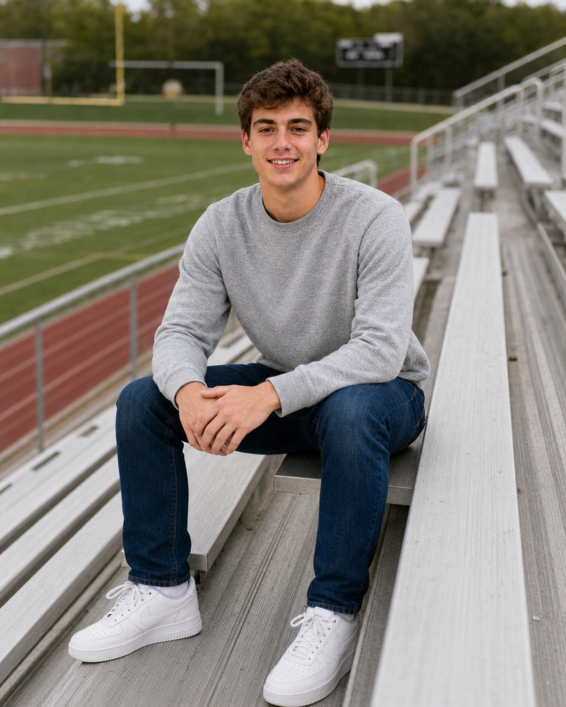 Smiling teen boy in gray sweatshirt and jeans sits on bleachers near a football field.