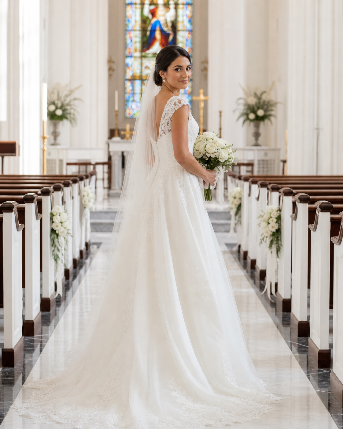 Bride in elegant white ball gown with lace back holds bouquet in church aisle with stained glass window.