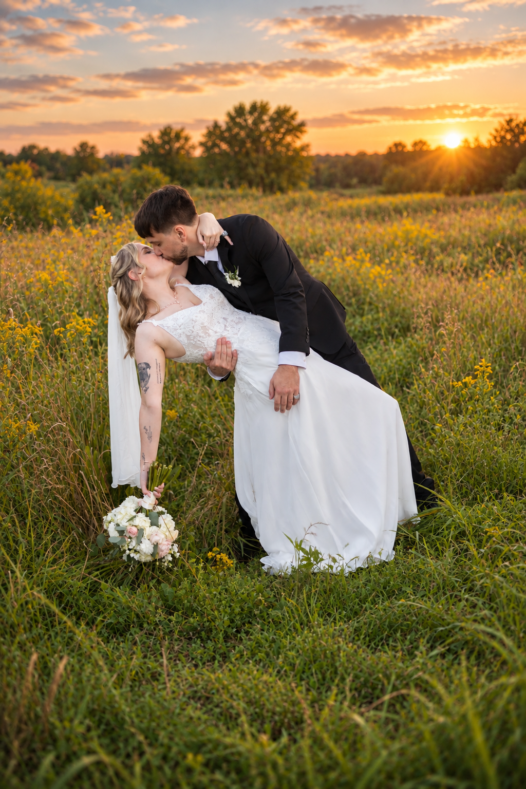 Bride and groom share a romantic dip kiss in a golden wildflower field at sunset on their wedding day.