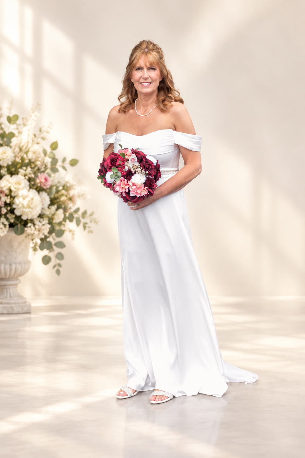 Elegant bride in off-shoulder white gown holding red bouquet, posing in bright room with floral arrangement.