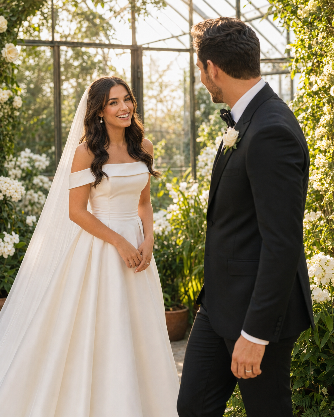 Bride in off-shoulder ball gown and groom in black tuxedo share a romantic first look in a floral greenhouse.