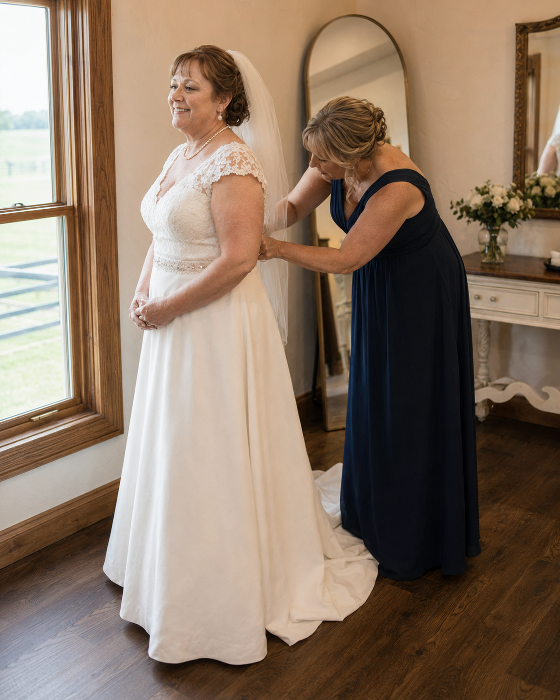 Bridesmaid in navy gown carefully fastens back of bride's lace wedding dress near sunlit window.